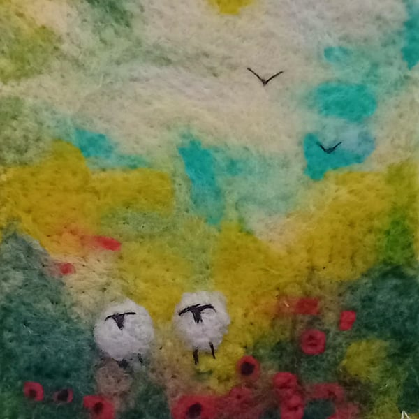 ,SHEEP IN POPPY MEADOW,handmade, original, needle felted wool picture 