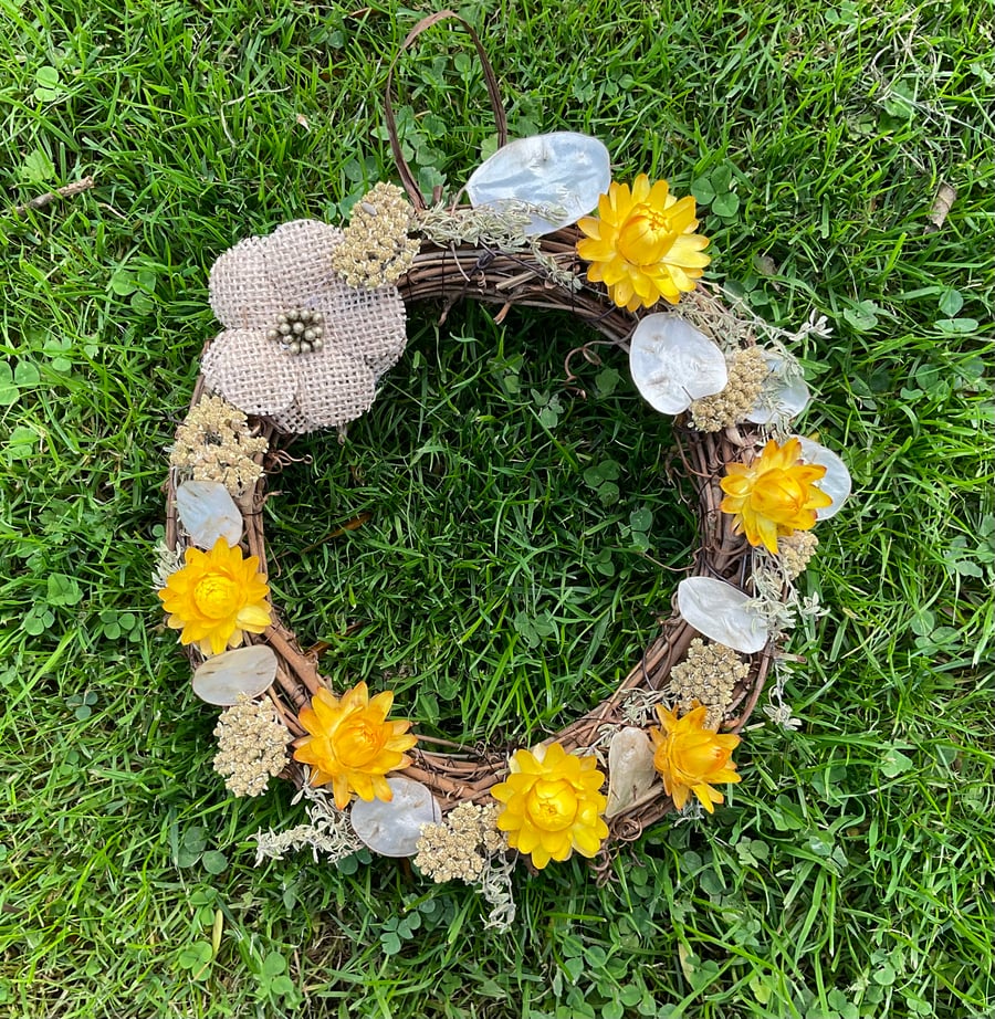 Hanging Dried Flower Wreath - Autumn Gold and yellow colours for home decor