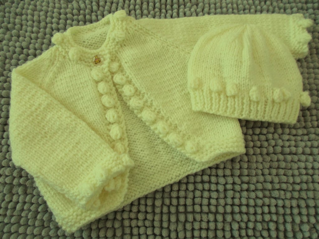 14" Lemon Baby Bobble Edged Cardigan And Hat Set