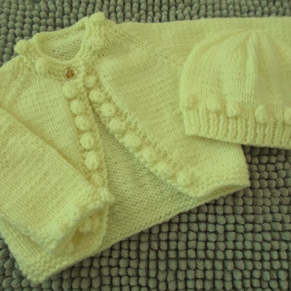 14" Lemon Baby Bobble Edged Cardigan And Hat Set