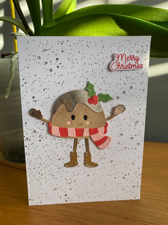 Handmade Figgy Pudding Christmas Card – Movable Legs – Sparkle Backgroun
