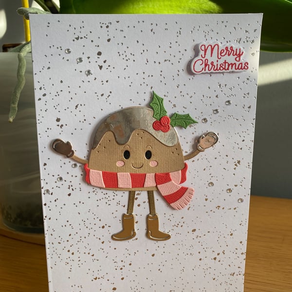 Handmade Figgy Pudding Christmas Card – Movable Legs – Sparkle Backgroun