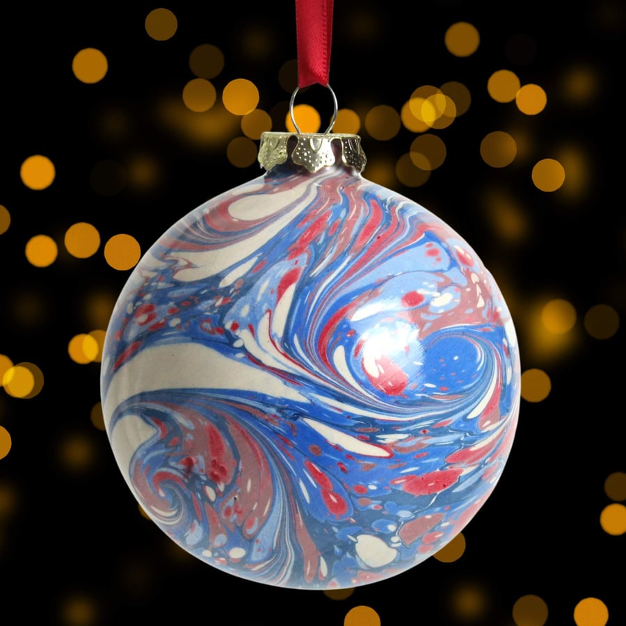 Large hand marbled ceramic Christmas decoration bauble blue red cream