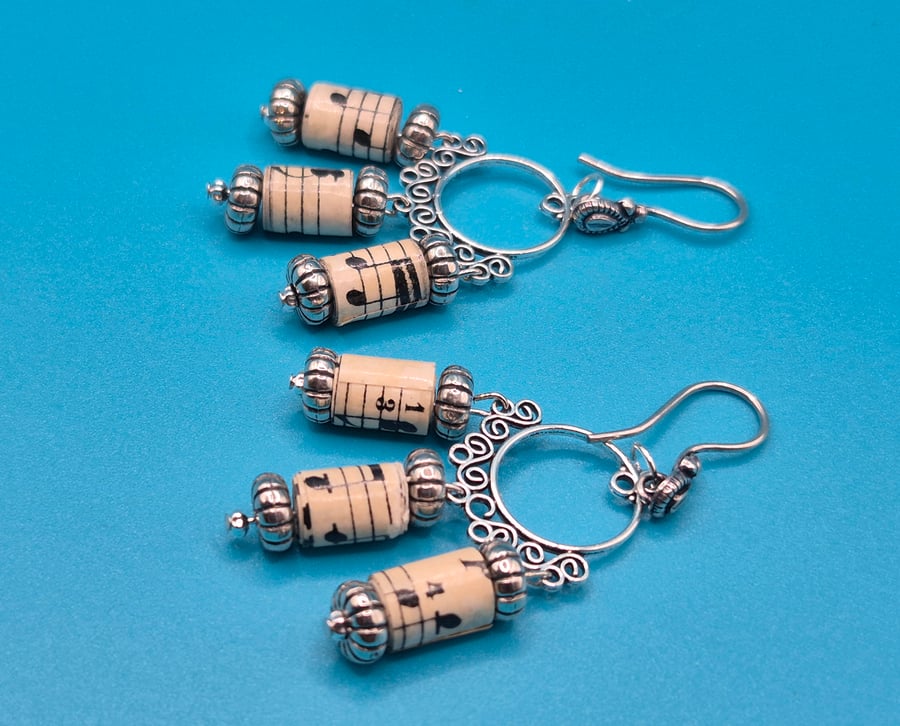 Music notes paper beaded ornate hoop earrings