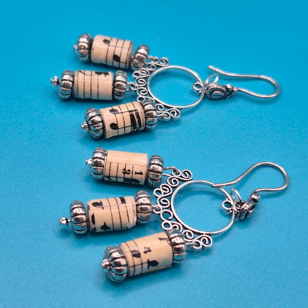 Music notes paper beaded ornate hoop earrings