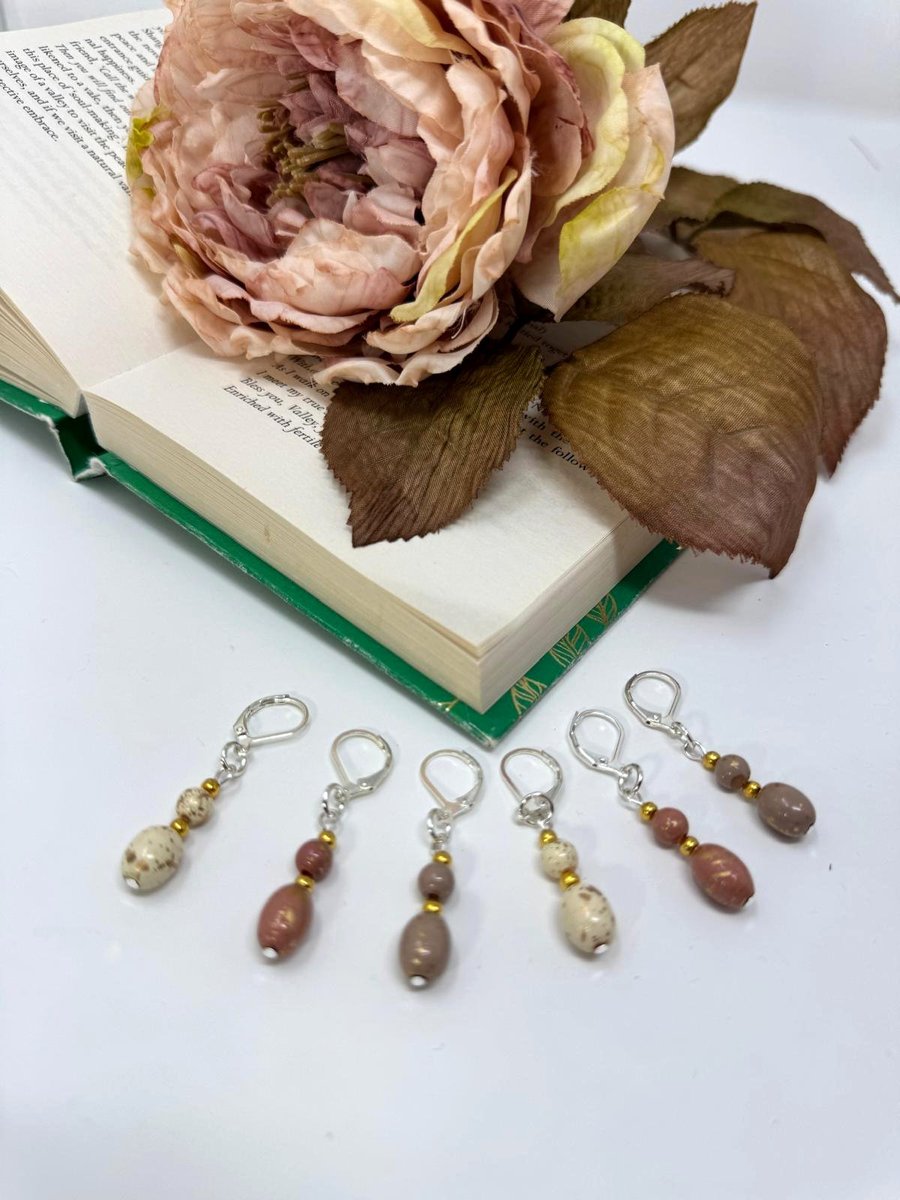 Stitch markers for knitting and crochet, set of 6 upcycled bead notions