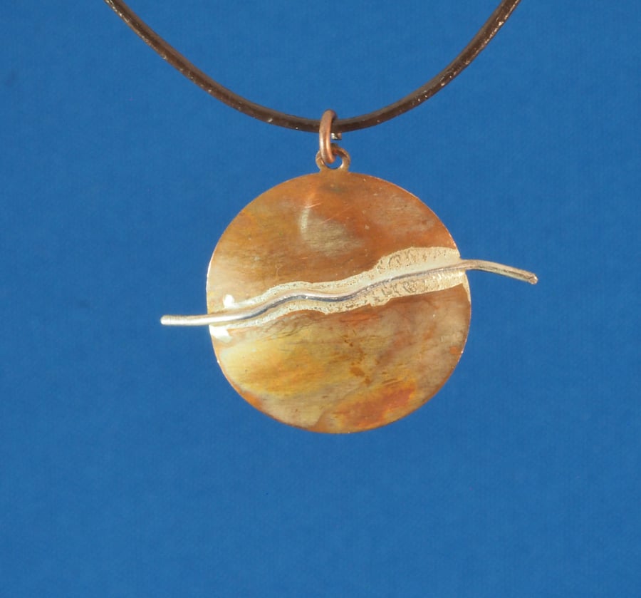 Long Wave Circular Copper and Silver Pendant