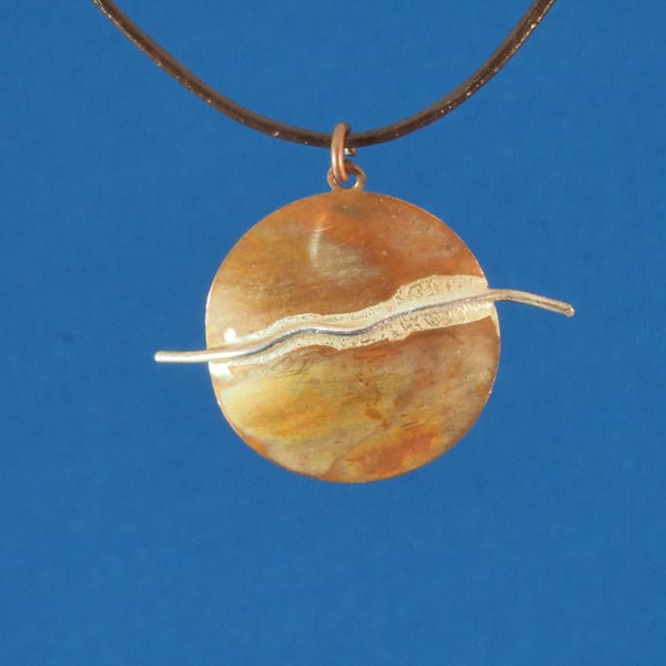 Long Wave Circular Copper and Silver Pendant