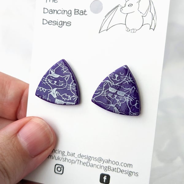 Purple & Silver Triangular Stud Earrings With Cheeky Cats Design, Polymer Clay