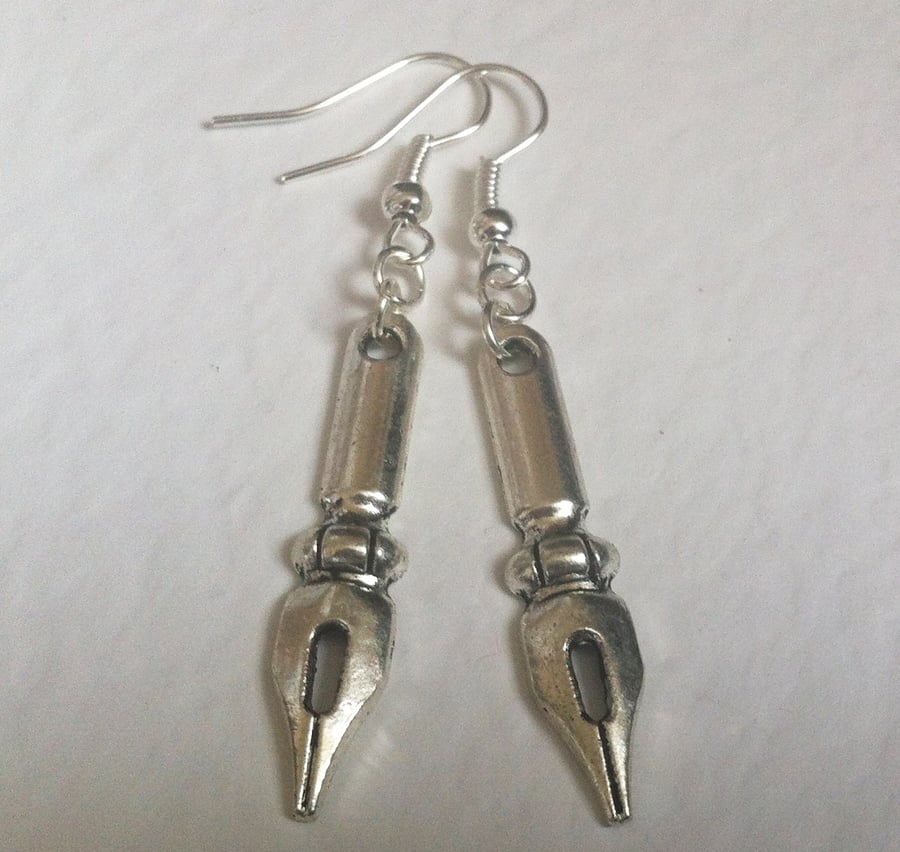 Silver Plate Pen Nib Dangle Drop Earrings