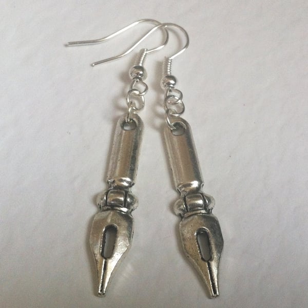 Silver Plate Pen Nib Dangle Drop Earrings