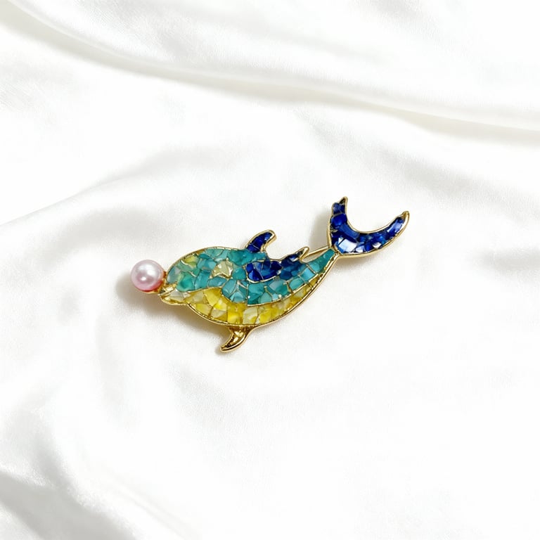 Resin Shell Dolphin Brooch with Faux Pearl – Ocean-Inspired Design