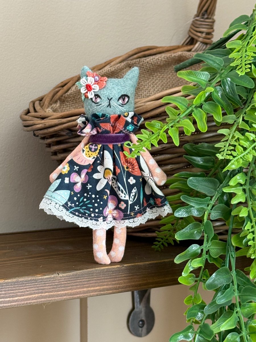 Pretty Floral Cat Art Doll Blue