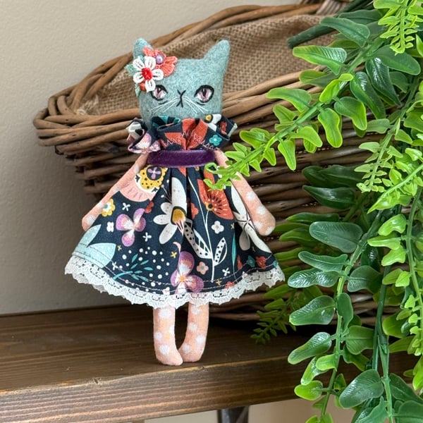 Pretty Floral Cat Art Doll Blue