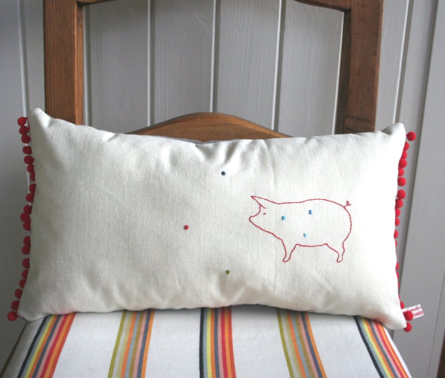 NEW Hand Embroidered Pig Design Decorative Cushion