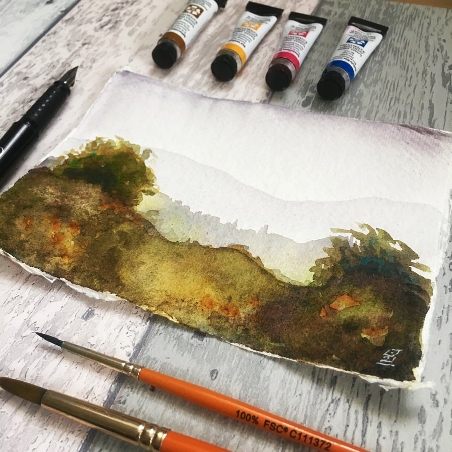 Watercolour landscape original painting vegan materials 