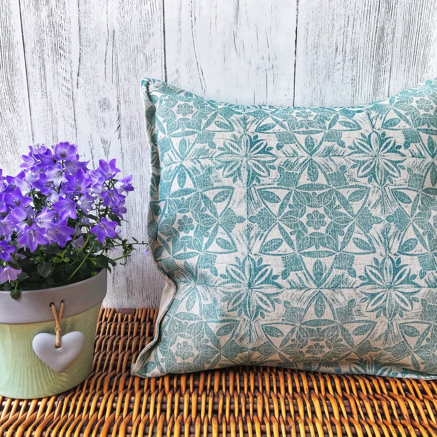 Hand Printed Linen Cushion  - ASTA - Teal Blue