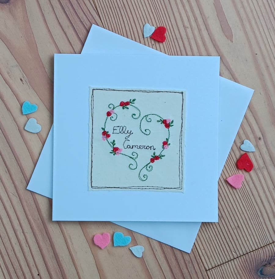 Personalised Valentine's Card with Embroidered Botanical Heart and Names