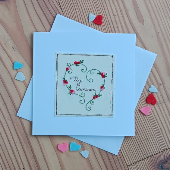 Personalised Valentine's Card with Embroidered Botanical Heart and Names