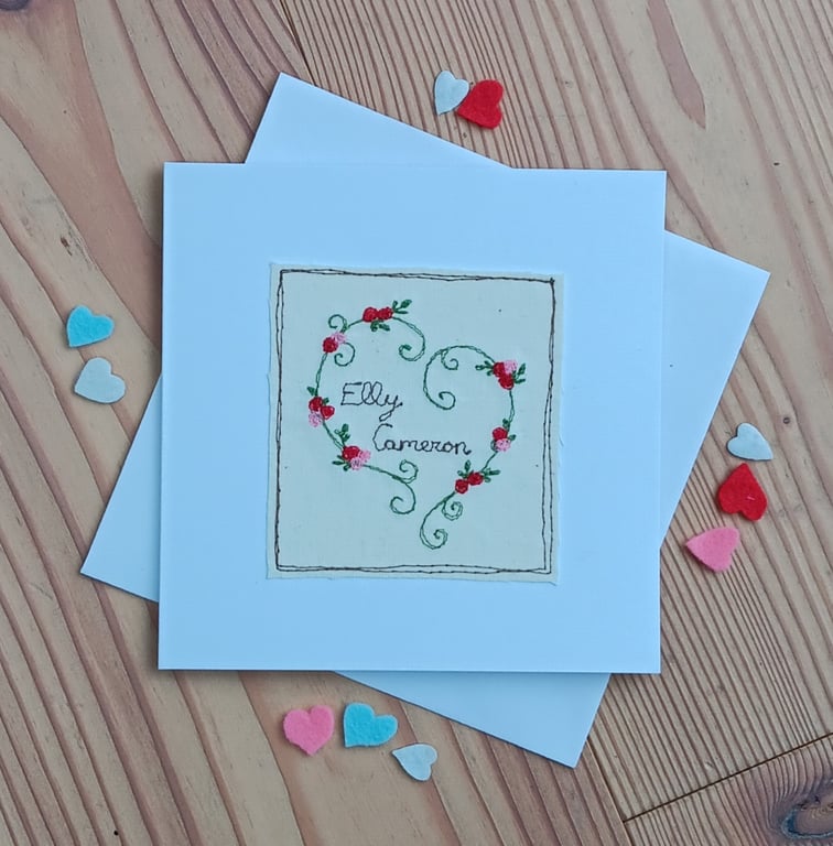 Personalised Valentine's Card with Embroidered Botanical Heart and Names
