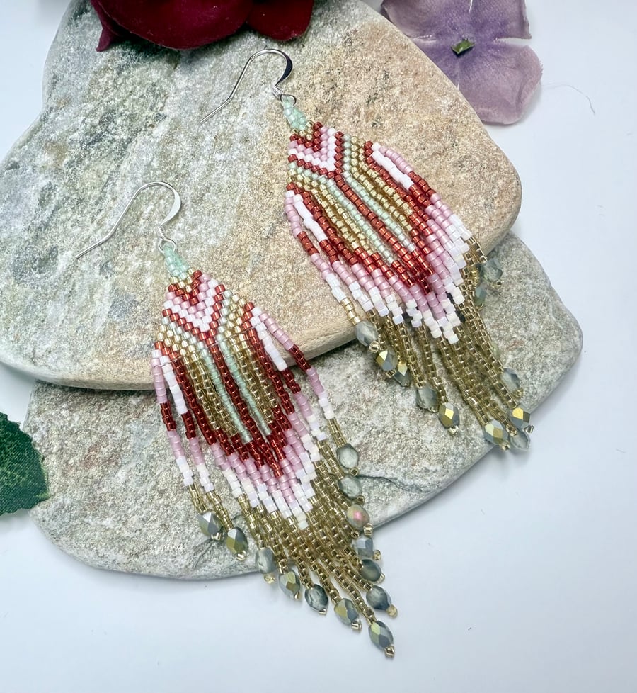 Handmade beaded boho fringe earrings in cerise, pink, pale pink and gold