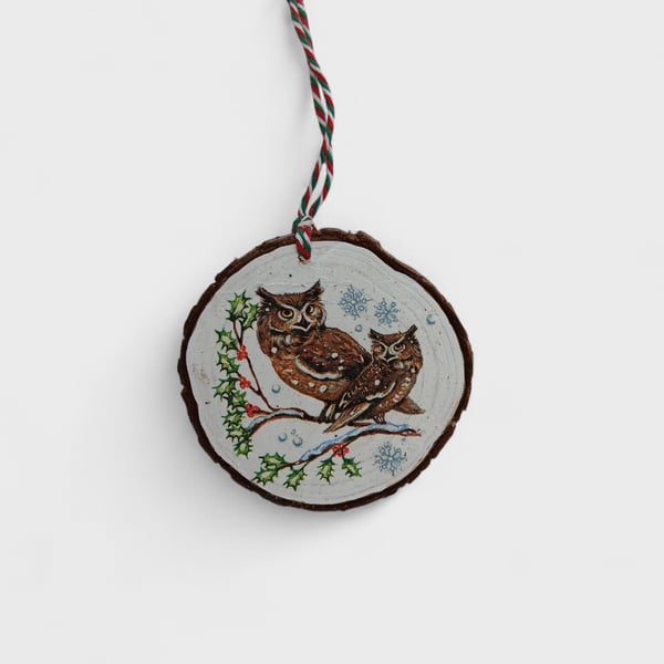 Owls and Snowflakes Round Wooden Christmas Decoration Tree Ornament
