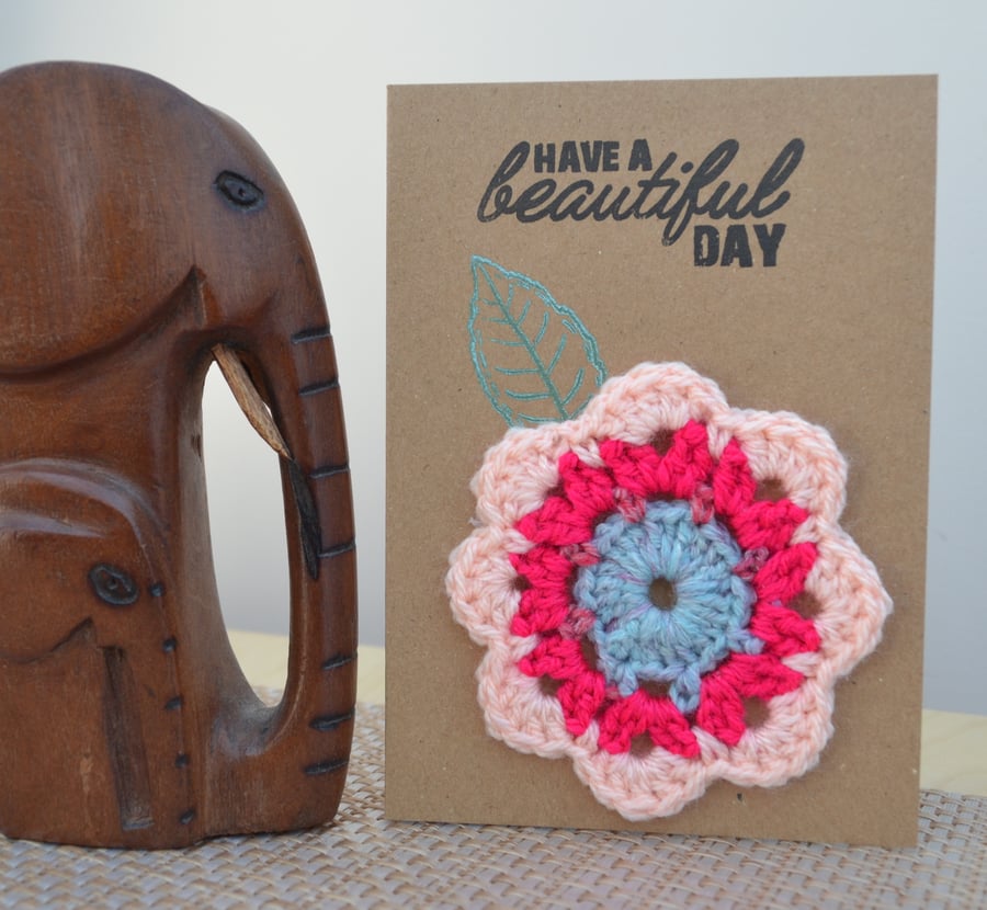 Greeting card with pink crochet flower - No. 16