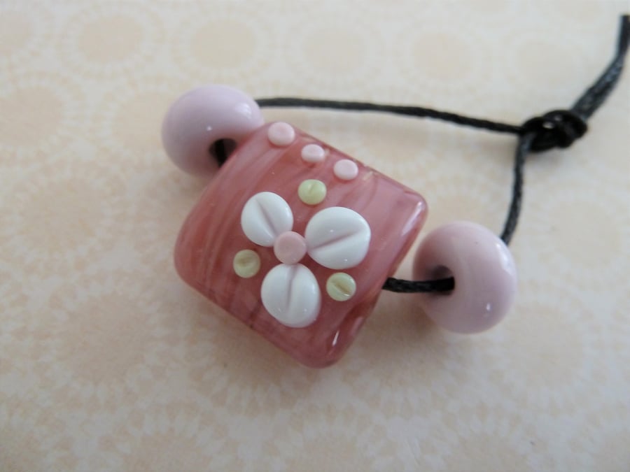 pink flower focal bead handmade lampwork