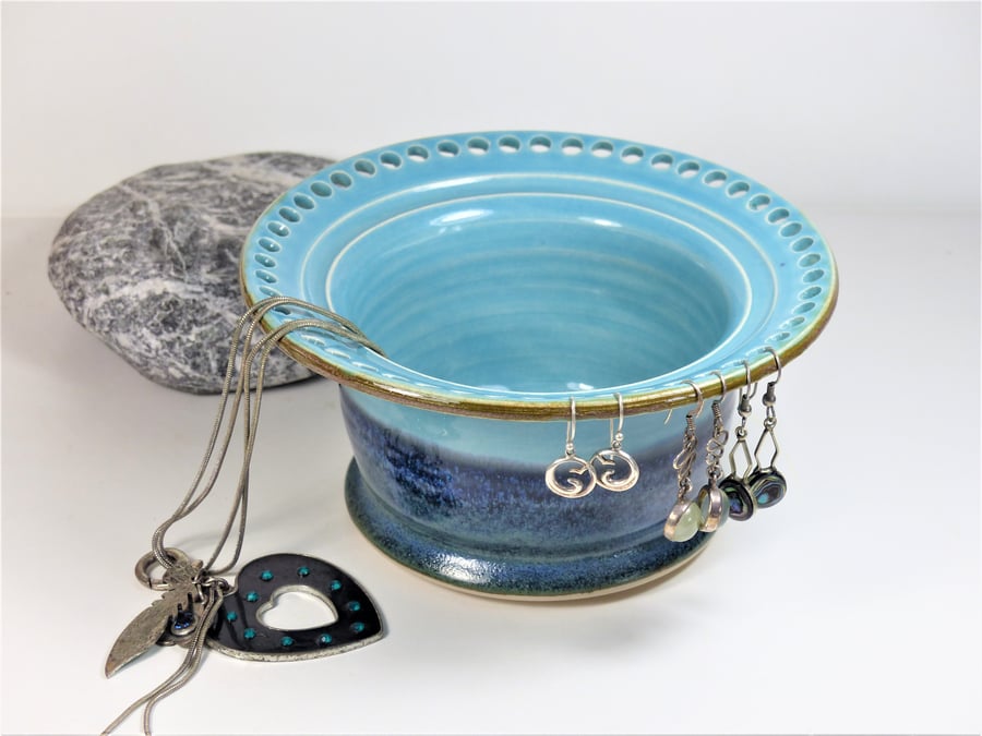 Blue and BlueGreen Ceramic Jewellery Bowl to display earrings, bracelets. 
