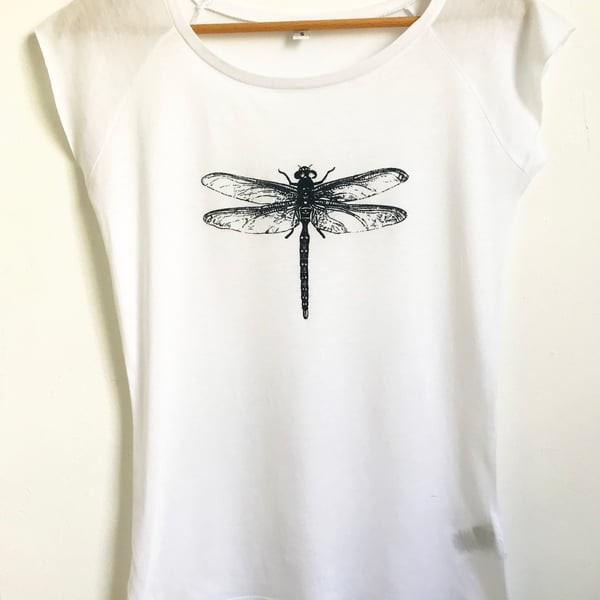  Dragonfly Women's white T shirt bamboo and organic cotton dark navy blue print
