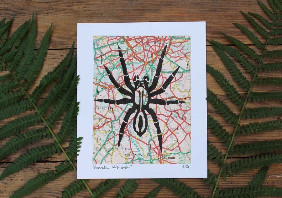 Australian wolf spider small Lino print on up cycled maps