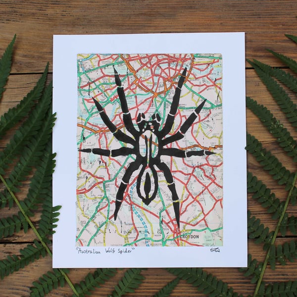 Australian wolf spider small Lino print on up cycled maps
