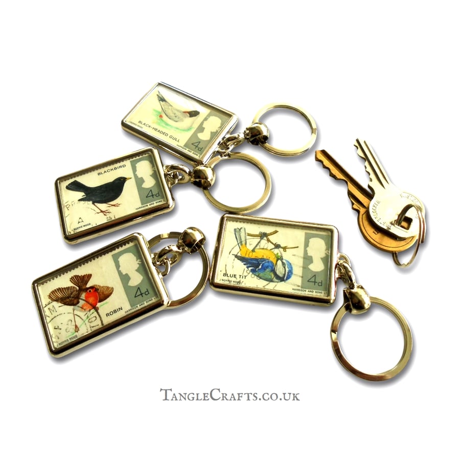 British Bird Keyring, made with real vintage postage stamp - choice of 4 or set