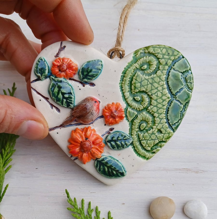 Robin & Lace Ceramic Hanging Heart 