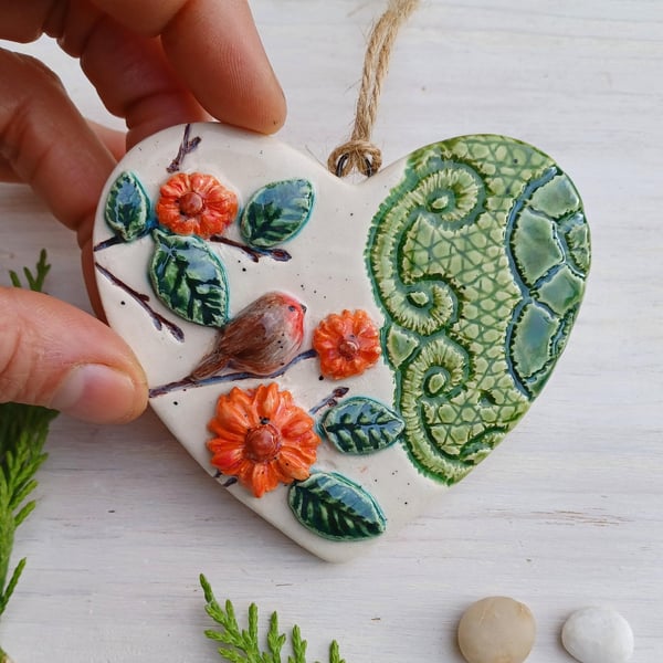 Robin & Lace Ceramic Hanging Heart 