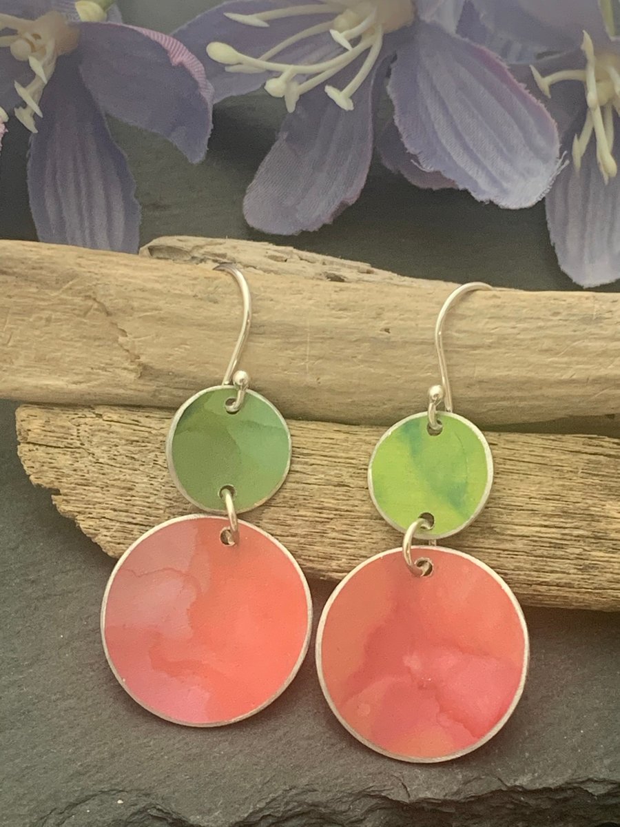 Water colour collection - hand painted aluminium earrings orange and lime