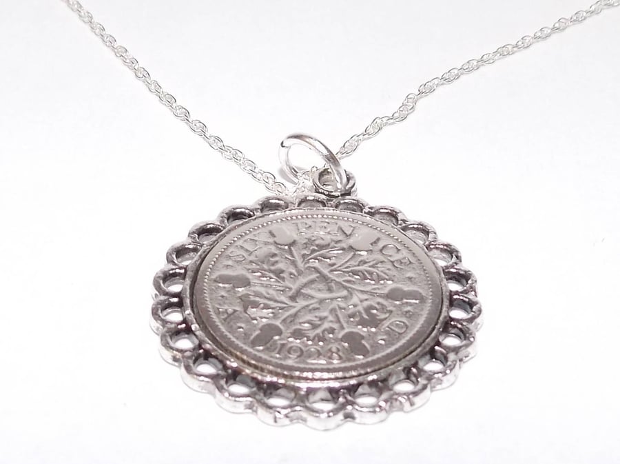 Fine Pendant 1929 Lucky sixpence 92nd Birthday plus a Sterling Silver 18in Chain