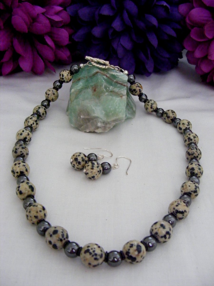 Dalmation Jasper and Hematite Gemstone Jewellery Set