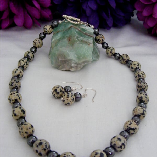 Dalmation Jasper and Hematite Gemstone Jewellery Set