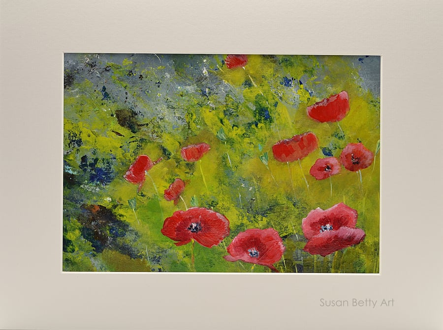 Mounted Painting of Red Poppies