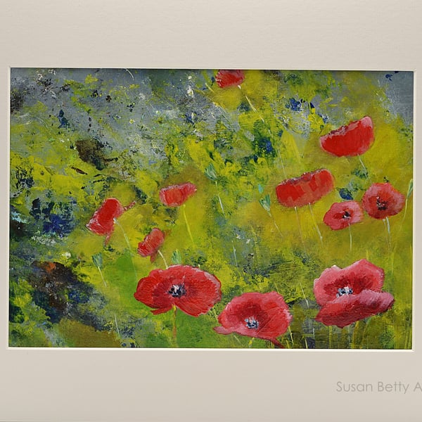 Mounted Painting of Red Poppies