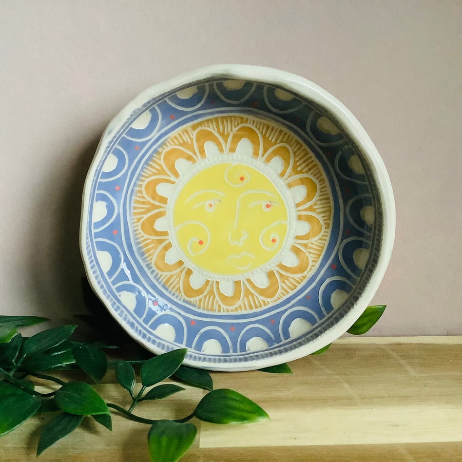 Handmade stoneware yellow orange and lilac sunrise bowl snack tapas dessert 