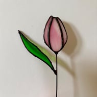 Individual opalescent pink stained glass tulip stem