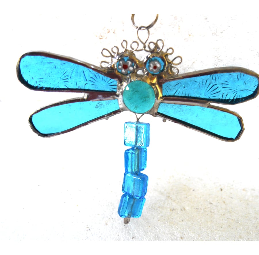 Dragonfly Suncatcher Stained Glass Turquoise Bead-Tailed 036
