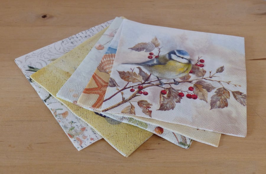 Five Mixed Paper Napkins - Birds