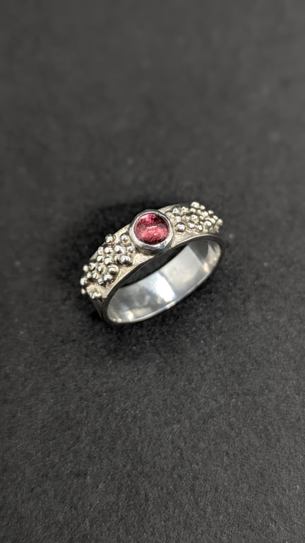 Sterling silver band ring with granulation and pink tourmaline 