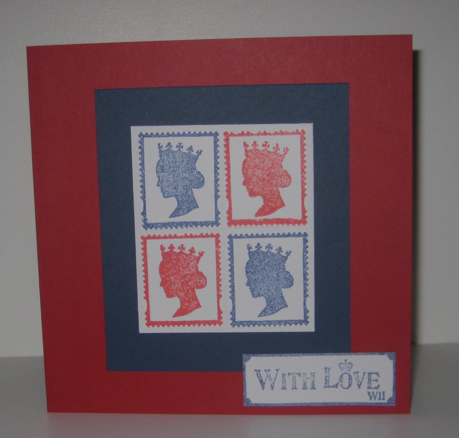 With Love Card with Queen stamps in red, white and blue