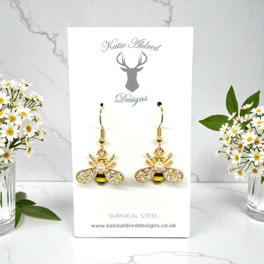 Charm Earrings - Rhinestone Bee