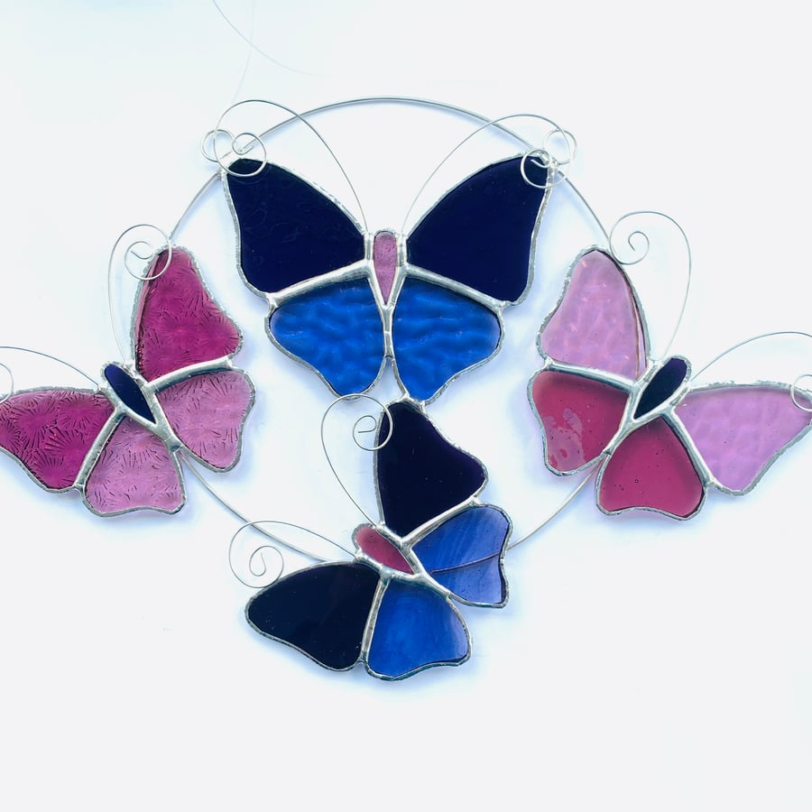 Stained Glass Butterfly Ring - Handmade Hanging Decoration - Purple and Pink