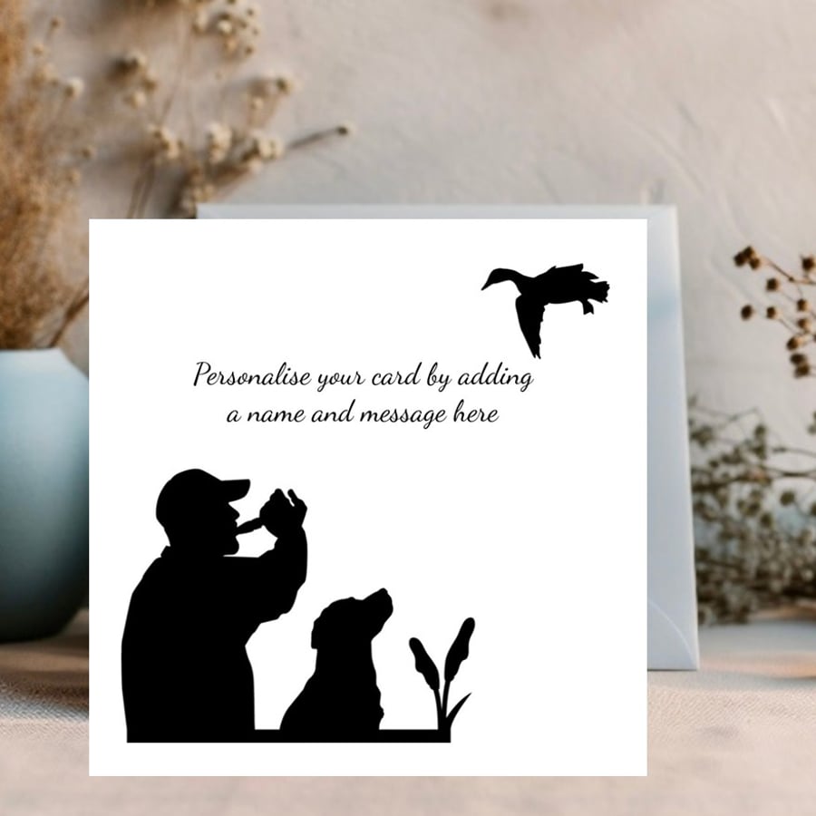 Duck Call - shooter and dog personalised greetings card